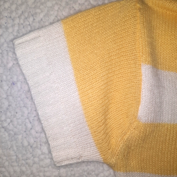 Knit sweater midi dress tunic neck short sleeve bodycon yellow white stripe - Picture 4 of 5